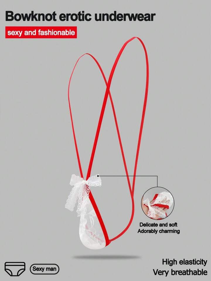 Men's Fashionable Spaghetti Strap White Bow Tie Lace Rose Trim Men's Briefs